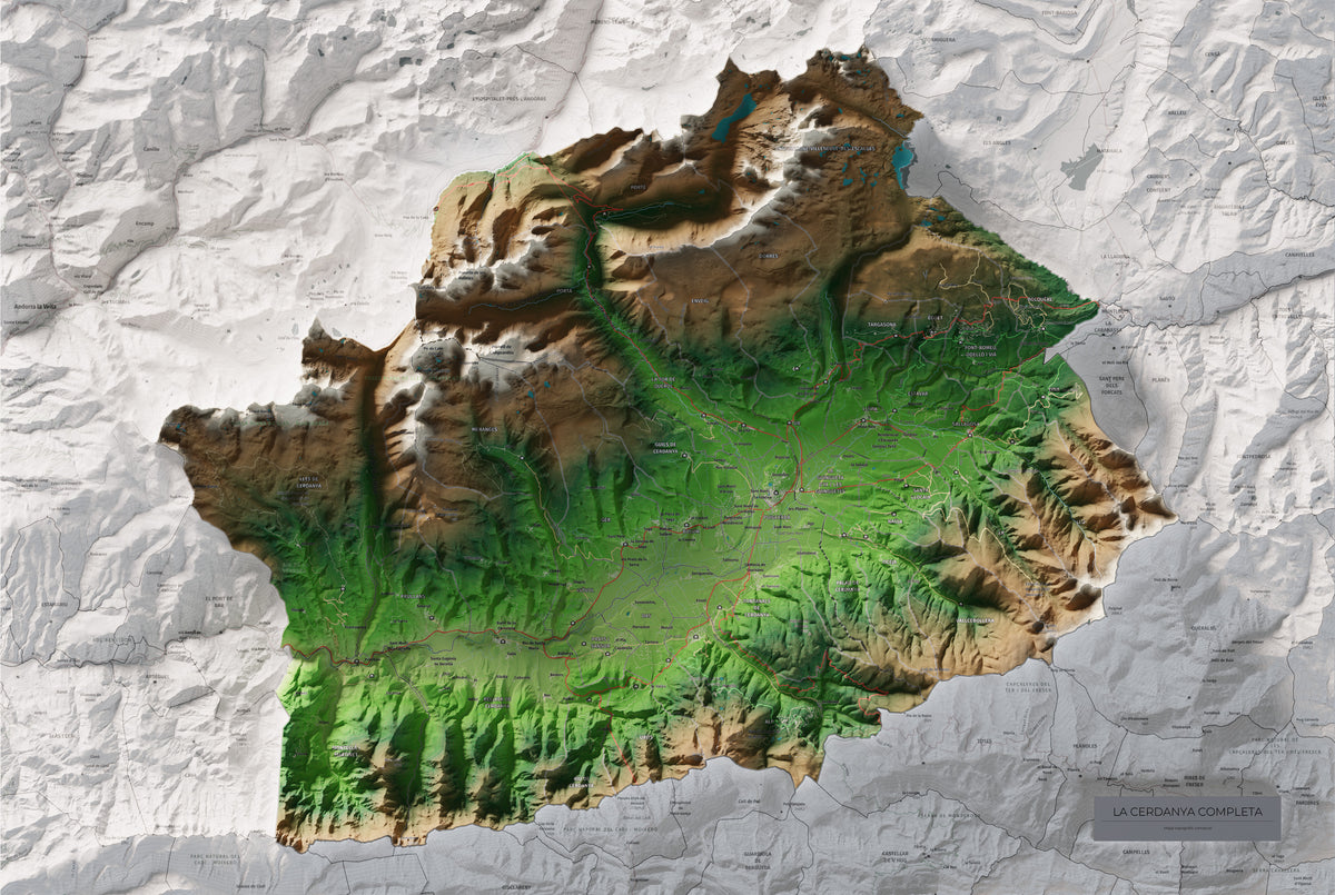 Mapa de relleu de la Cerdanya completa, amb el territori en color i l’entorn en blanc. Vista completa de la làmina. 61 × 91 cm. Estil Clàssic.