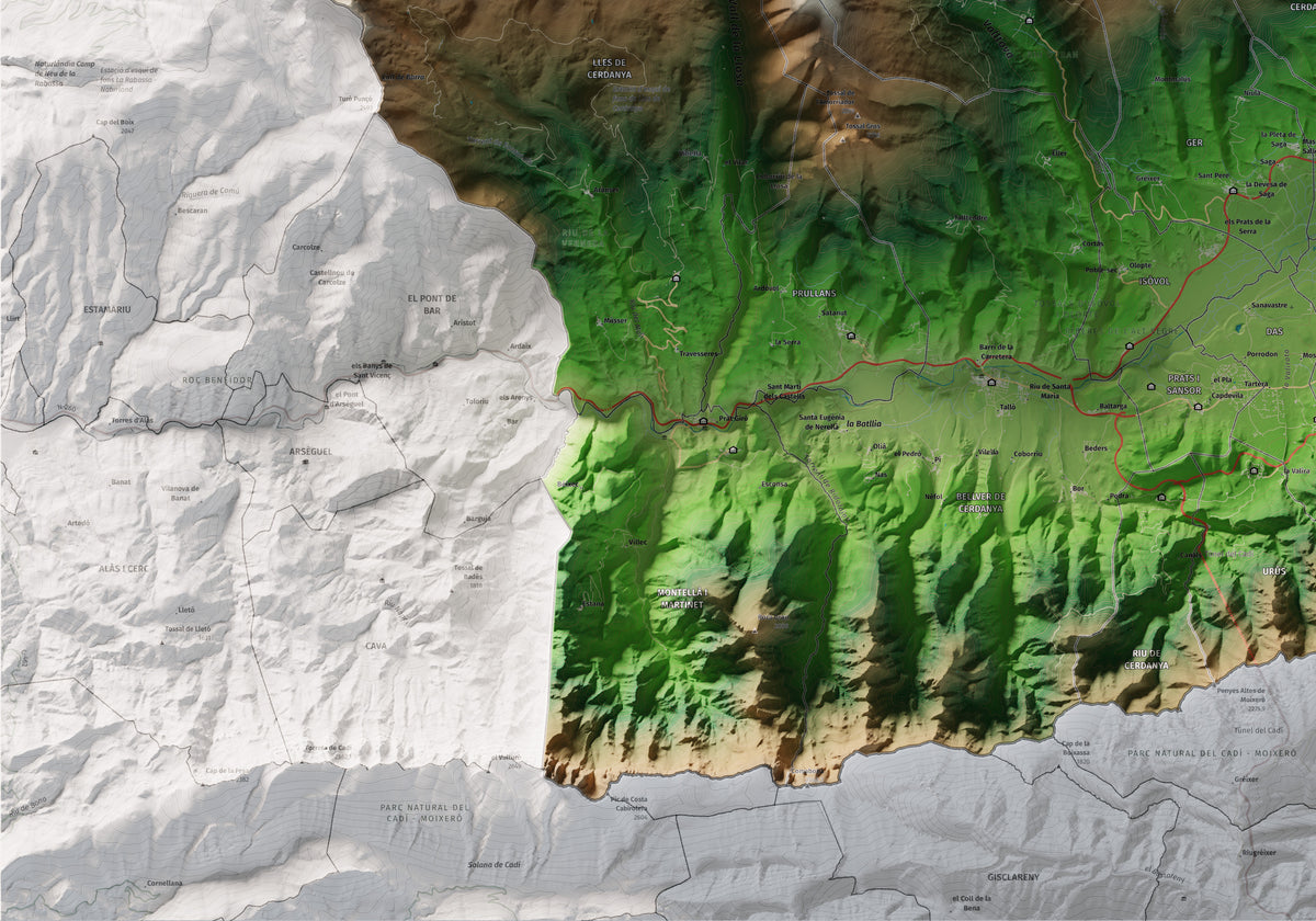 Mapa de relleu de la Cerdanya completa, amb el territori en color i l’entorn en blanc. Detall de la part inferior esquerra. 70 × 100 cm. Estil Clàssic.