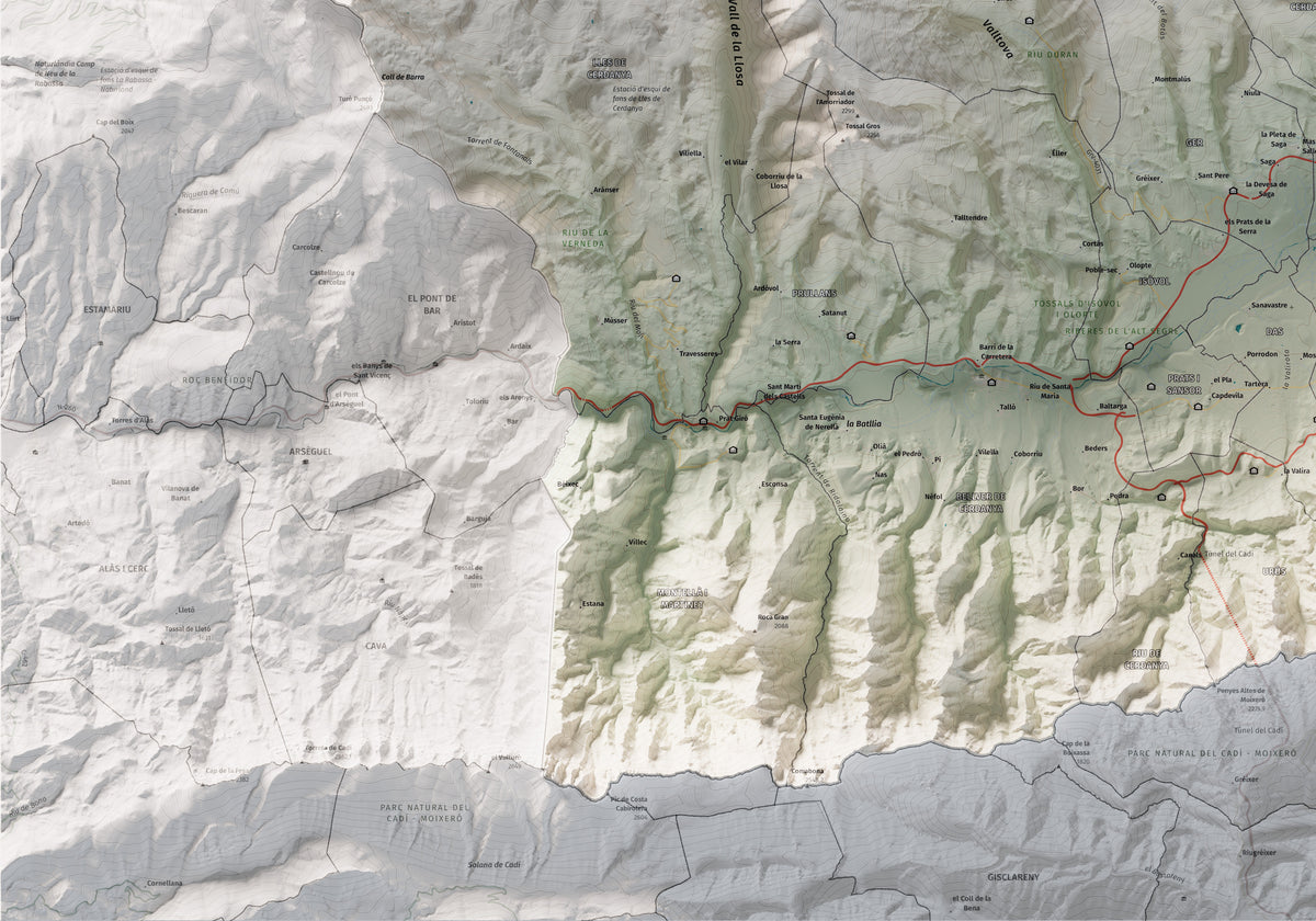 Mapa de relleu de la Cerdanya completa, amb el territori en color i l’entorn en blanc. Detall de la part inferior esquerra. 70 × 100 cm. Estil Cartogràfic.