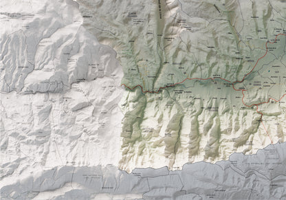 Mapa de relleu de la Cerdanya completa, amb el territori en color i l’entorn en blanc. Detall de la part inferior esquerra. 70 × 100 cm. Estil Cartogràfic.