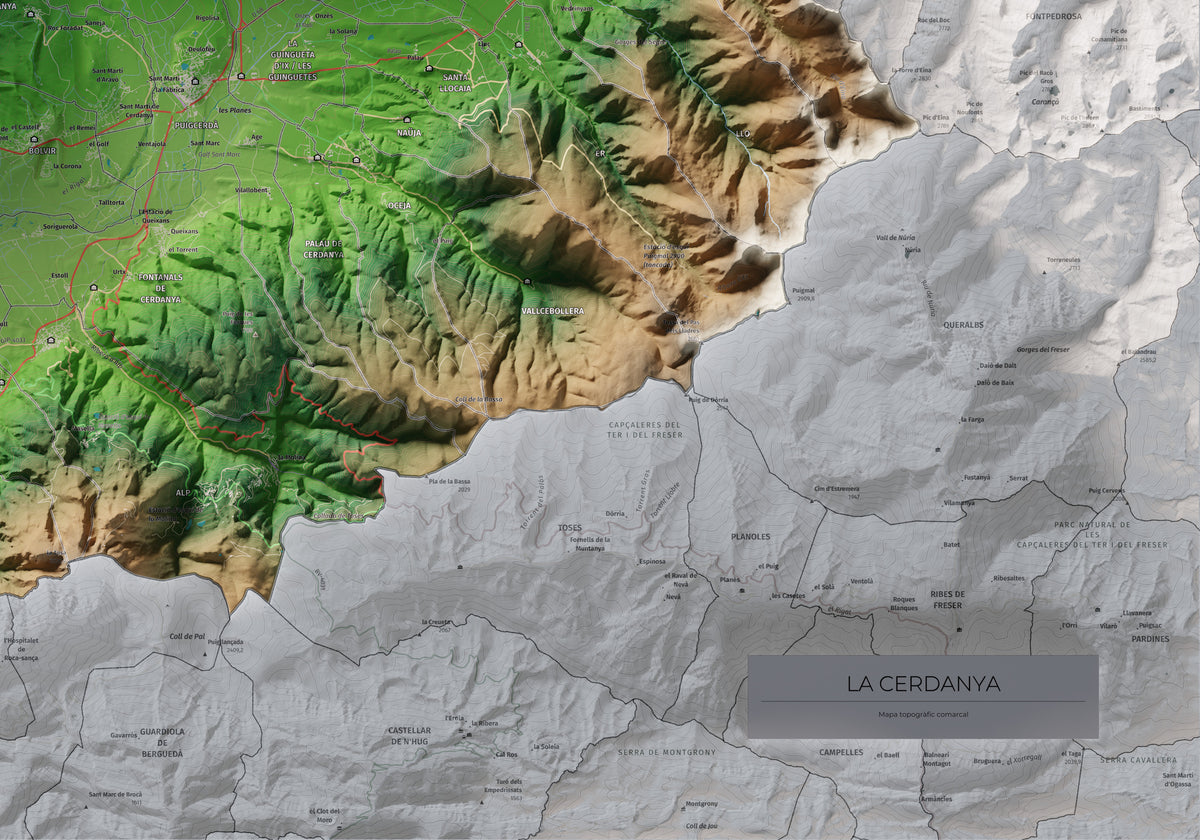 Mapa de relieve de la Cerdanya completa, con el territorio en color y el entorno en blanco. Detalle de la zona inferior derecha. 70 × 100 cm. Estilo Clásico.