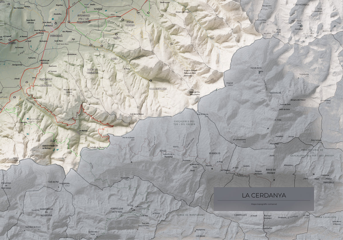 Mapa de relieve de la Cerdanya completa, con el territorio en color y el entorno en blanco. Detalle de la zona inferior derecha. 70 × 100 cm. Estilo Cartográfico.