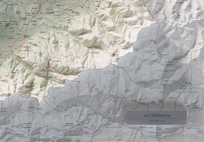 Mapa de relieve de la Cerdanya completa, con el territorio en color y el entorno en blanco. Detalle de la zona inferior derecha. 70 × 100 cm. Estilo Cartográfico.