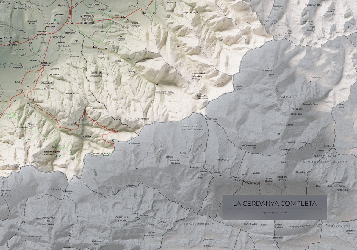 Mapa de relleu de la Cerdanya completa, amb el territori en color i l’entorn en blanc. Detall de la part inferior dreta. 70 × 100 cm. Estil Cartogràfic.