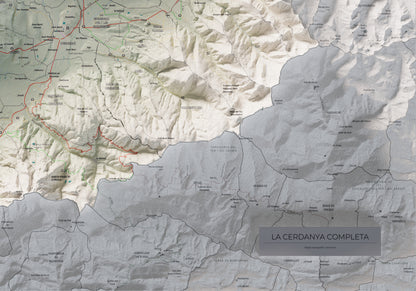 Mapa de relleu de la Cerdanya completa, amb el territori en color i l’entorn en blanc. Detall de la part inferior dreta. 70 × 100 cm. Estil Cartogràfic.