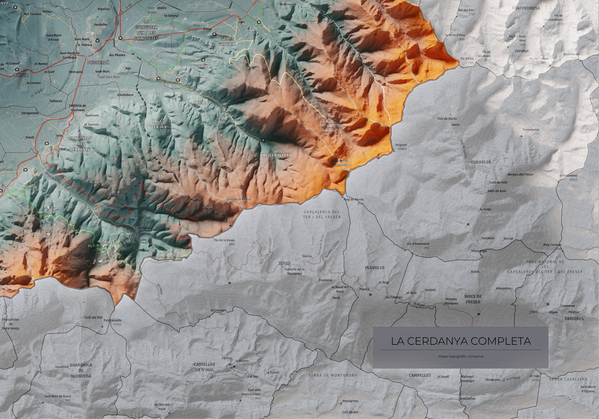 Mapa de relleu de la Cerdanya completa, amb el territori en color i l’entorn en blanc. Detall de la part inferior dreta. 70 × 100 cm. Estil Blau i taronja. Aigua del mapa en blanc.