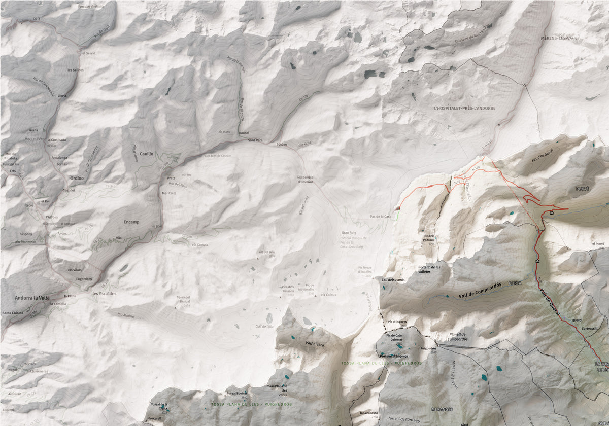 Mapa de relleu de la Cerdanya completa, amb el territori en color i l’entorn en blanc. Detall de la part superior esquerra. 70 × 100 cm. Estil Cartogràfic.