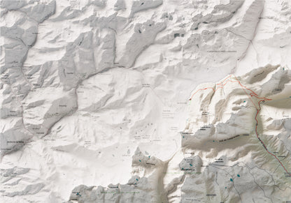 Mapa de relieve de la Cerdanya completa, con el territorio en color y el entorno en blanco. Detalle de la zona superior izquierda. 70 × 100 cm. Estilo Cartográfico.