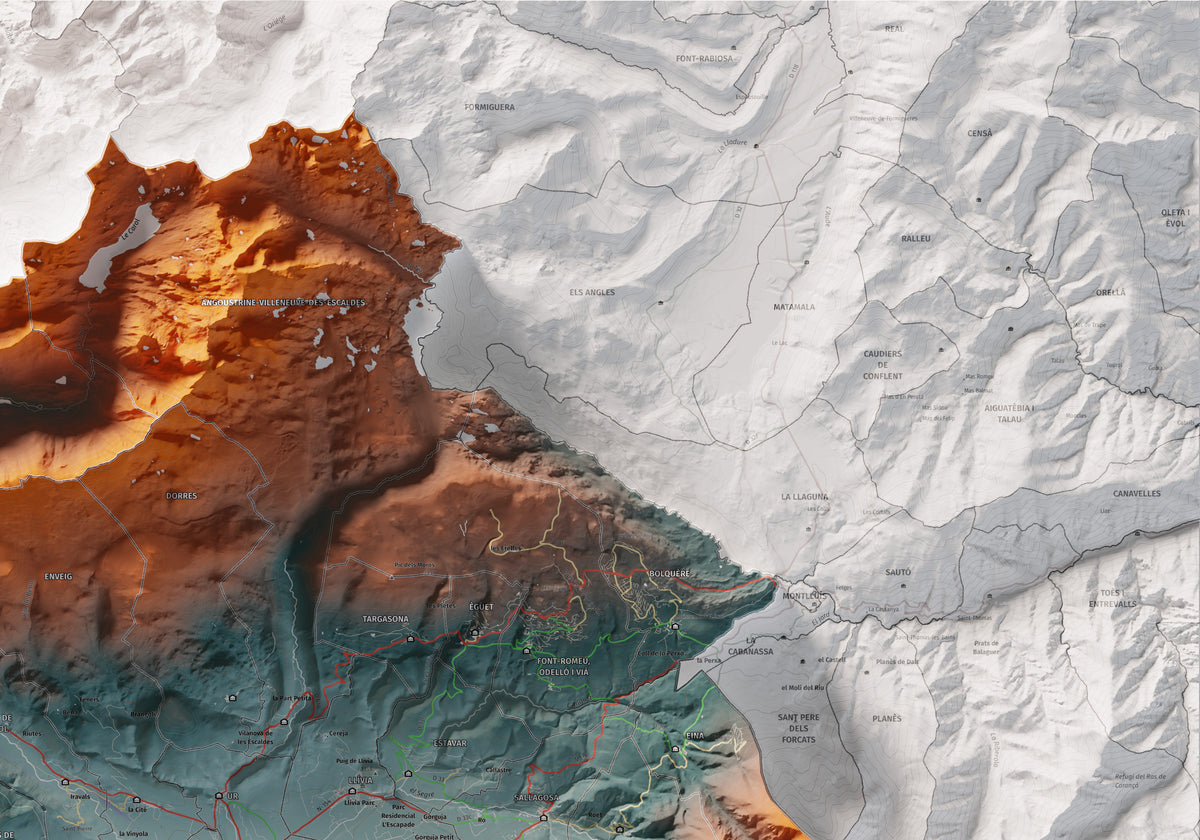 Mapa de relleu de la Cerdanya completa, amb el territori en color i l’entorn en blanc. Detall de la part superior dreta. 70 × 100 cm. Estil Blau i taronja. Aigua del mapa en blanc.
