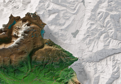 Mapa de relleu de la Cerdanya completa, amb el territori en color i l’entorn en blanc. Detall de la part superior dreta. 70 × 100 cm. Estil Clàssic.