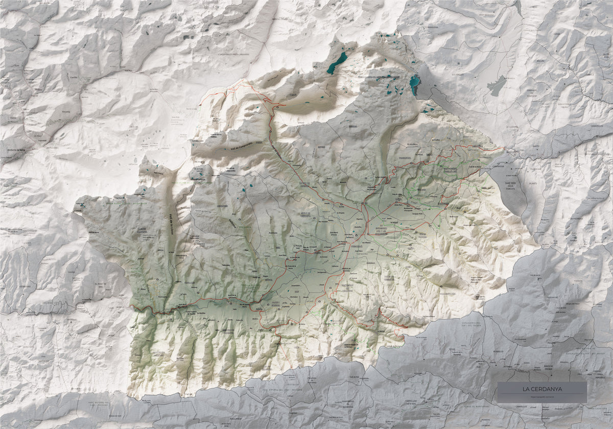 Mapa de relieve de la Cerdanya completa, con el territorio en color y el entorno en blanco. Vista completa de la lámina. 70 × 100 cm. Estilo Cartográfico.
