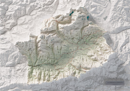 Mapa de relleu de la Cerdanya completa, amb el territori en color i l’entorn en blanc. Vista completa de la làmina. 70 × 100 cm. Estil Cartogràfic.