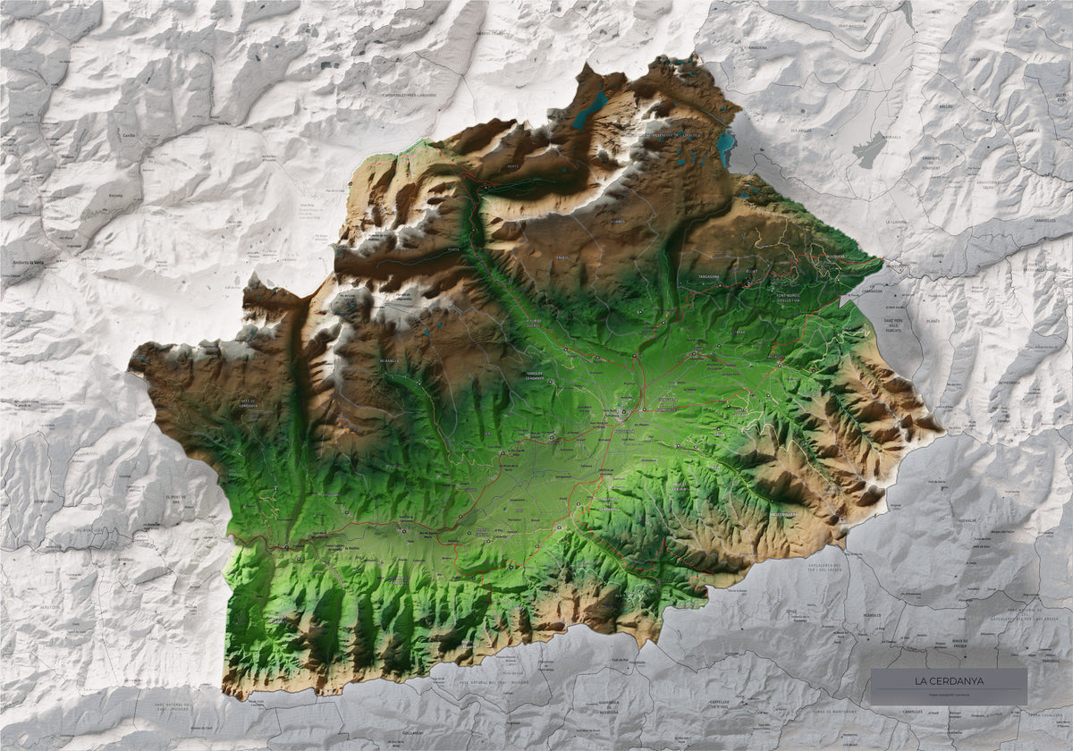 Mapa de relieve de la Cerdanya completa, con el territorio en color y el entorno en blanco. Vista completa de la lámina. 70 × 100 cm. Estilo Clásico.
