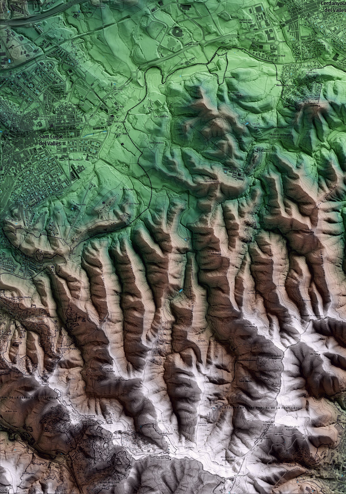 Mapa artístico del relieve de Cerdanyola del Vallès, al Vallès Occidental, con 15 km de entorno y base topográfica ICGC. Detalle de la zona inferior izquierda.