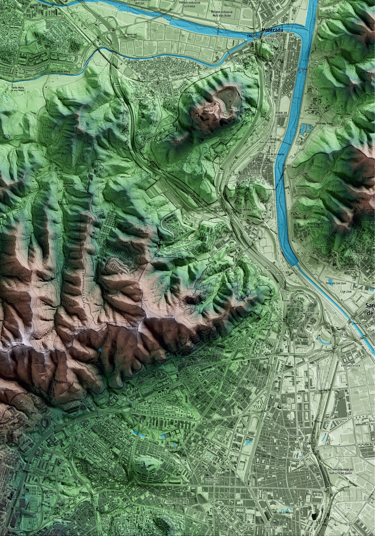 Mapa artístico del relieve de Cerdanyola del Vallès, al Vallès Occidental, con 15 km de entorno y base topográfica ICGC. Detalle de la zona inferior derecha.