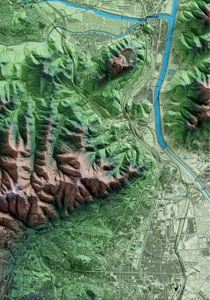 Mapa artístico del relieve de Cerdanyola del Vallès, al Vallès Occidental, con 15 km de entorno y base topográfica ICGC. Detalle de la zona inferior derecha.