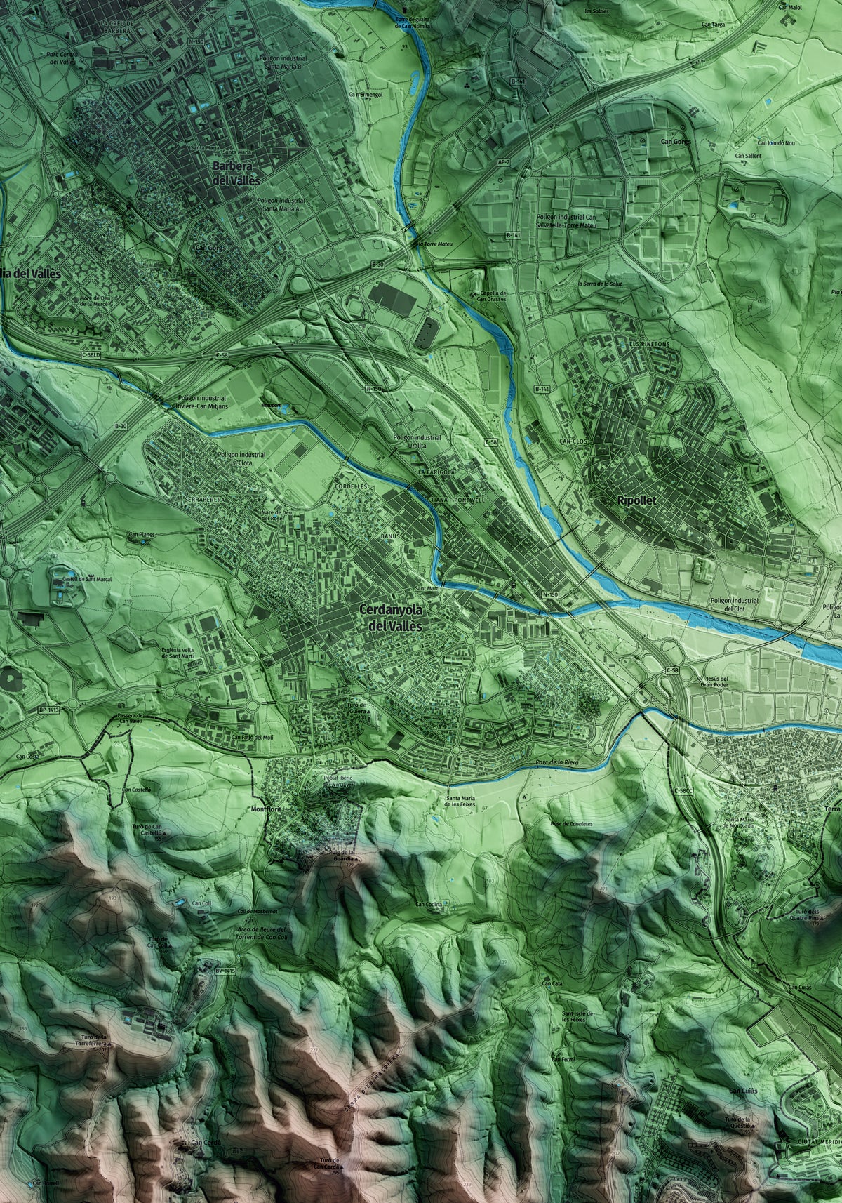 Mapa artístico del relieve de Cerdanyola del Vallès, al Vallès Occidental, con 15 km de entorno y base topográfica ICGC. Detalle de la zona central.