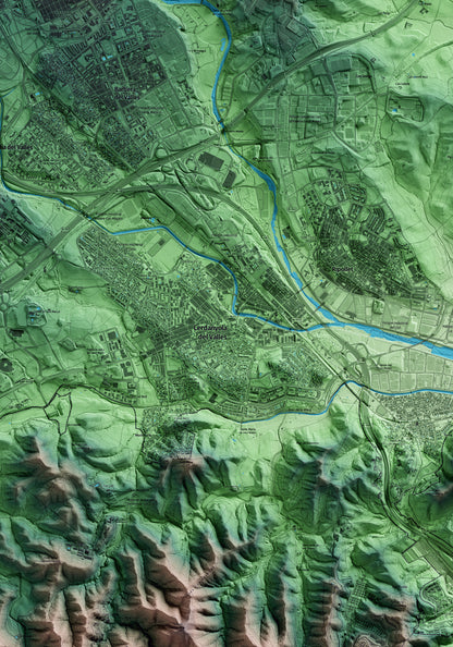 Mapa artístico del relieve de Cerdanyola del Vallès, al Vallès Occidental, con 15 km de entorno y base topográfica ICGC. Detalle de la zona central.