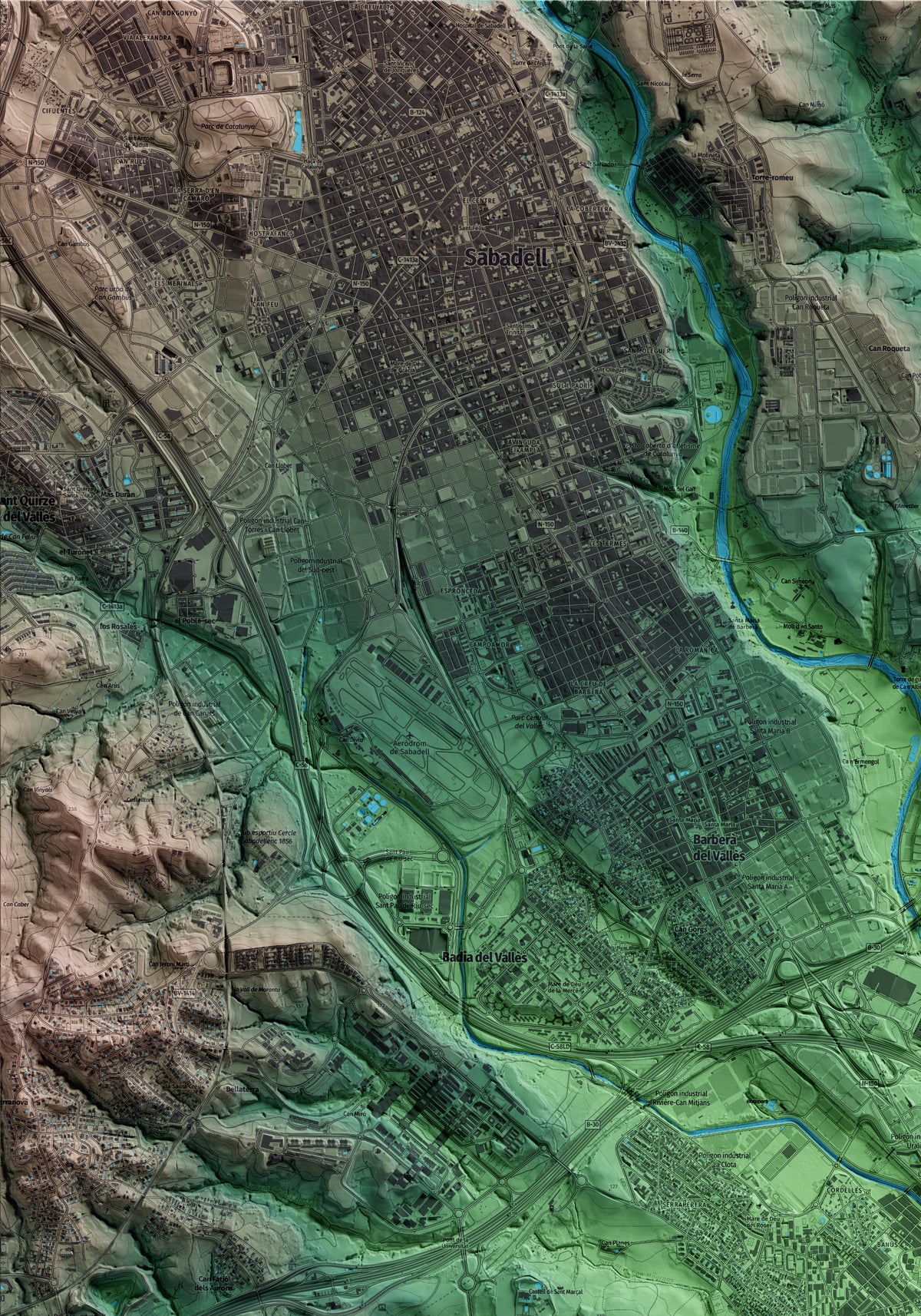 Mapa artístico del relieve de Cerdanyola del Vallès, al Vallès Occidental, con 15 km de entorno y base topográfica ICGC. Detalle de la zona superior izquierda.