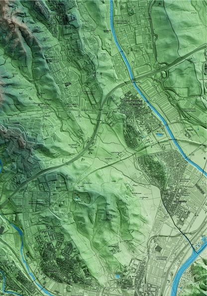 Mapa artístico del relieve de Cerdanyola del Vallès, al Vallès Occidental, con 15 km de entorno y base topográfica ICGC. Detalle de la zona superior derecha.