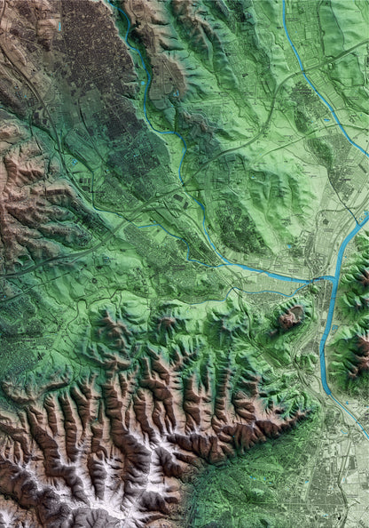 Mapa artístico del relieve de Cerdanyola del Vallès, al Vallès Occidental, con 15 km de entorno y base topográfica ICGC