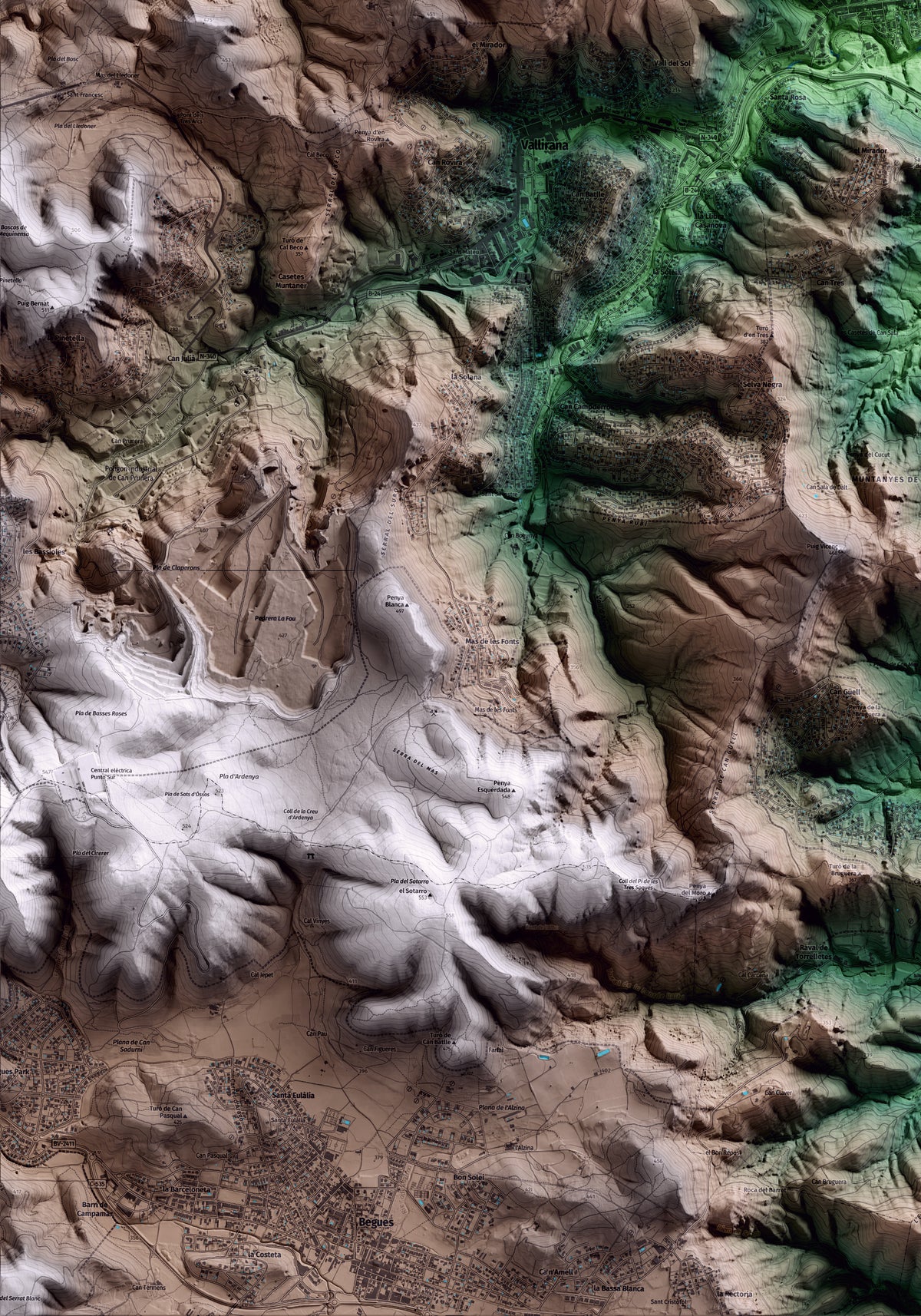 Mapa artístico del relieve de Cervelló, al Baix Llobregat, con 15 km de entorno y base topográfica ICGC. Detalle de la zona inferior izquierda.