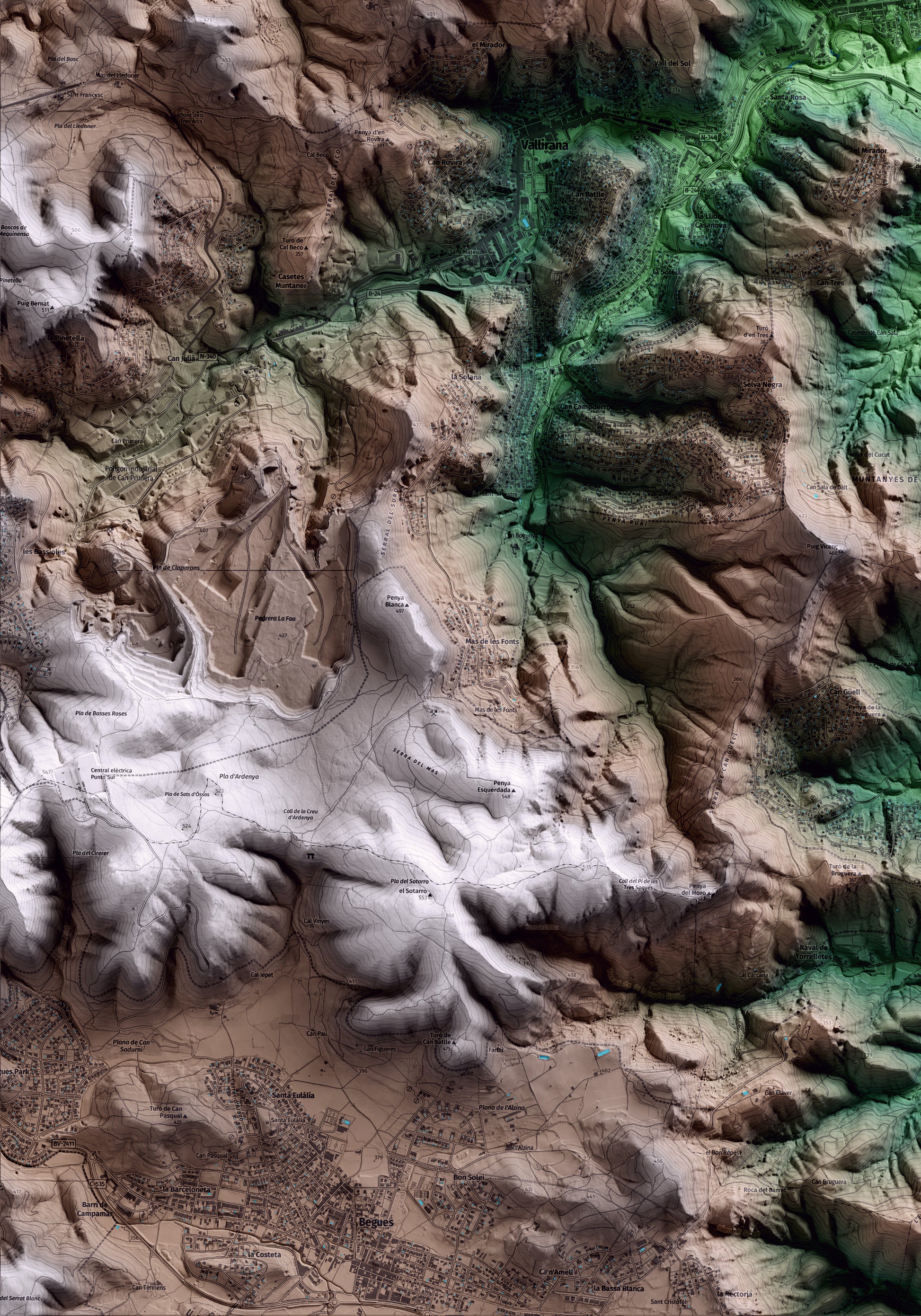 Mapa artístico del relieve de Cervelló, al Baix Llobregat, con 15 km de entorno y base topográfica ICGC. Detalle de la zona inferior izquierda.