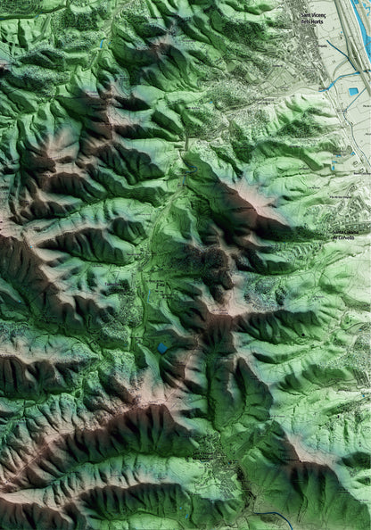 Mapa artístico del relieve de Cervelló, al Baix Llobregat, con 15 km de entorno y base topográfica ICGC. Detalle de la zona inferior derecha.