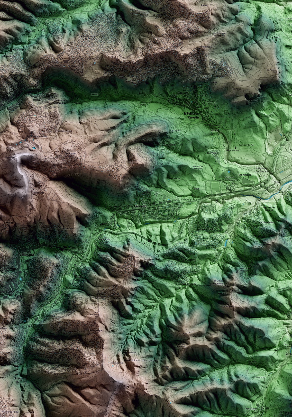 Mapa artístico del relieve de Cervelló, al Baix Llobregat, con 15 km de entorno y base topográfica ICGC. Detalle de la zona central.
