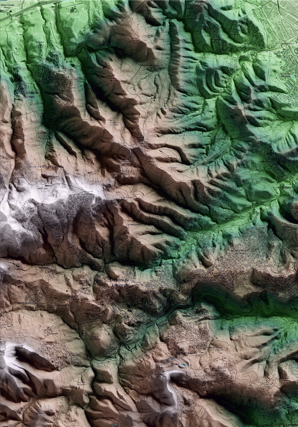 Mapa artístico del relieve de Cervelló, al Baix Llobregat, con 15 km de entorno y base topográfica ICGC. Detalle de la zona superior izquierda.