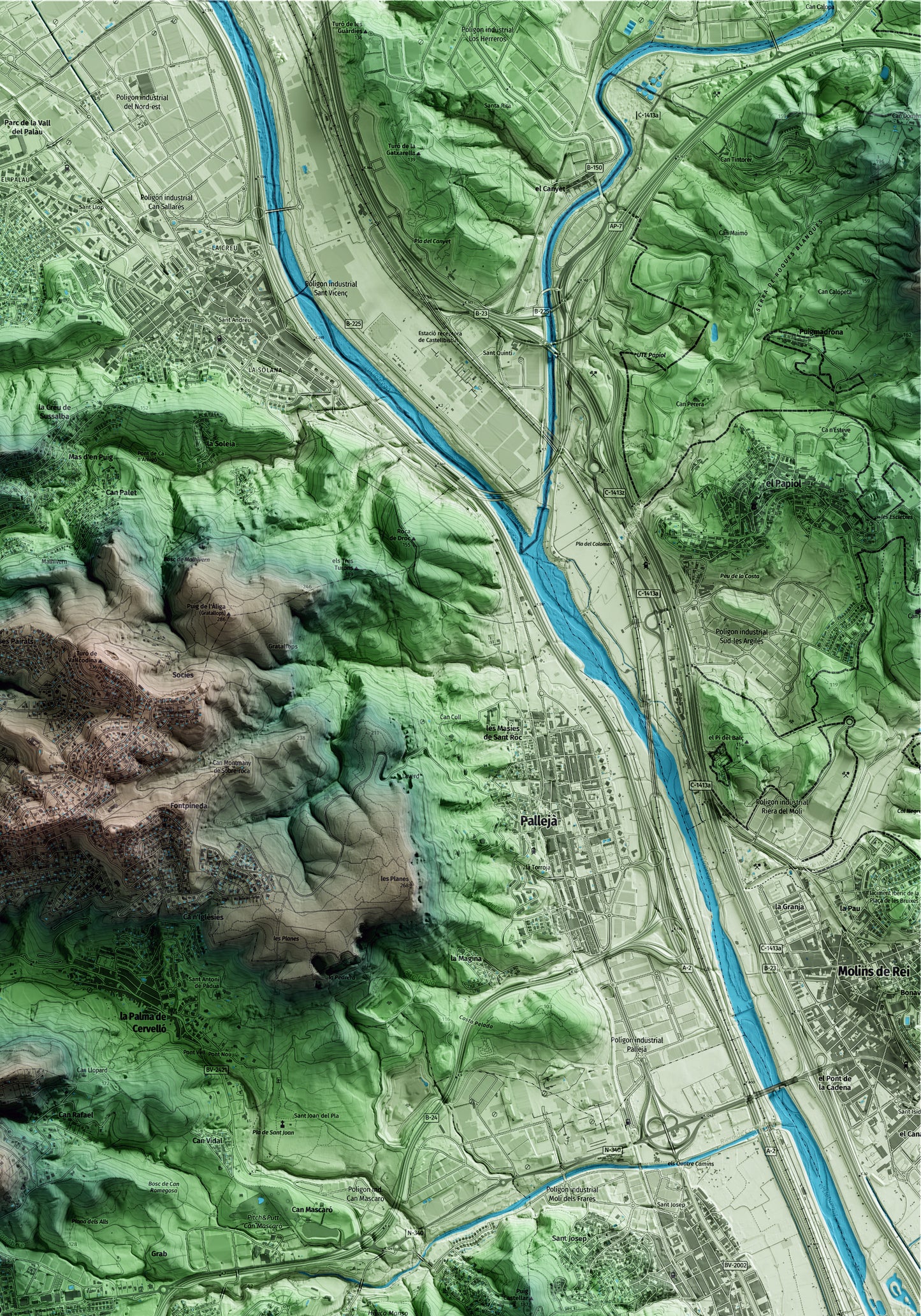 Mapa artístico del relieve de Cervelló, al Baix Llobregat, con 15 km de entorno y base topográfica ICGC. Detalle de la zona superior derecha.