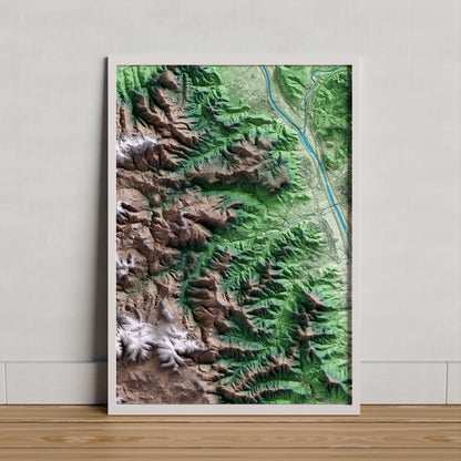 Mapa artístico del relieve de Cervelló, al Baix Llobregat, con 15 km de entorno y base topográfica ICGC. Presentación enmarcada.