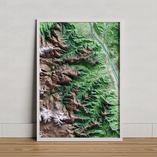Mapa artístico del relieve de Cervelló, al Baix Llobregat, con 15 km de entorno y base topográfica ICGC. Presentación enmarcada.