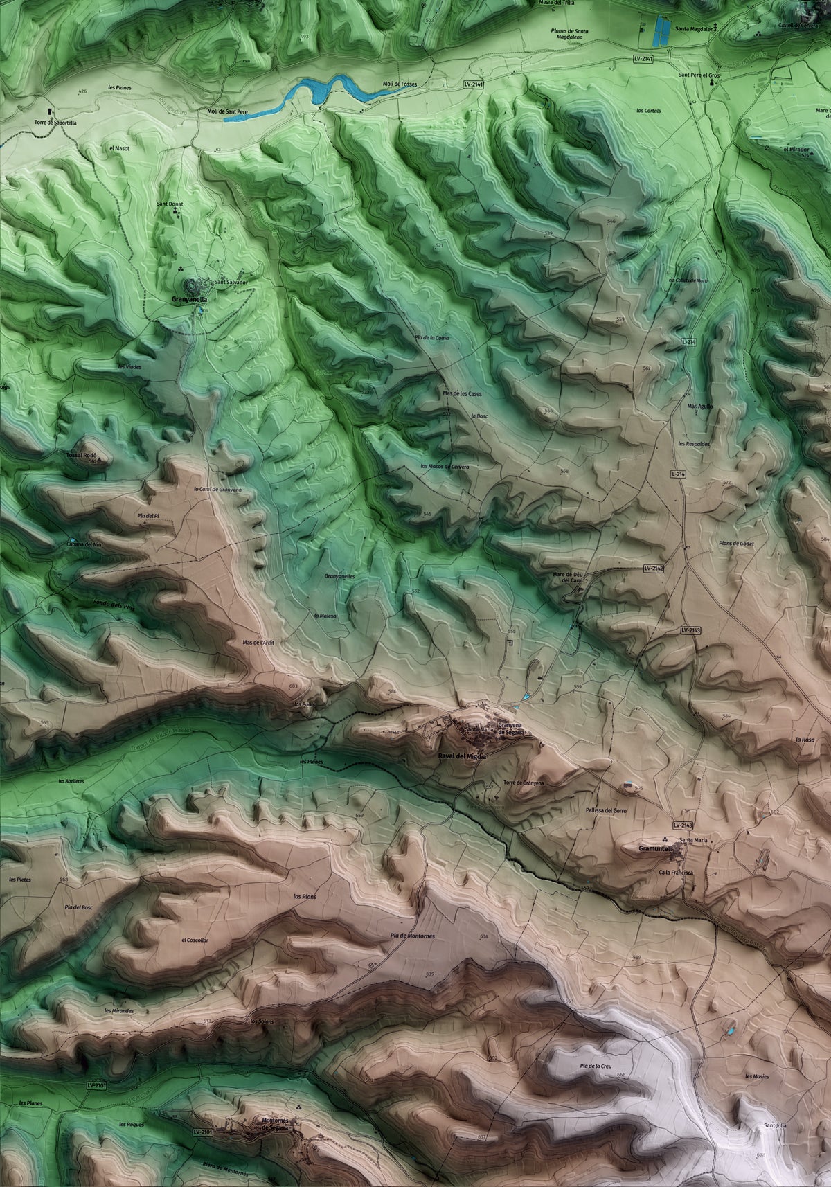 Mapa artístico del relieve de Cervera, a la Segarra, con 15 km de entorno y base topográfica ICGC. Detalle de la zona inferior izquierda.