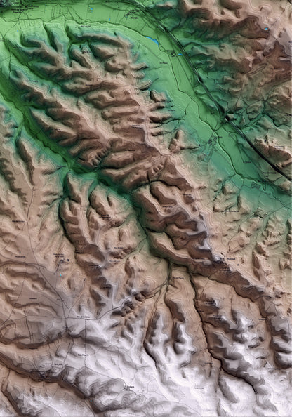 Mapa artístico del relieve de Cervera, a la Segarra, con 15 km de entorno y base topográfica ICGC. Detalle de la zona inferior derecha.