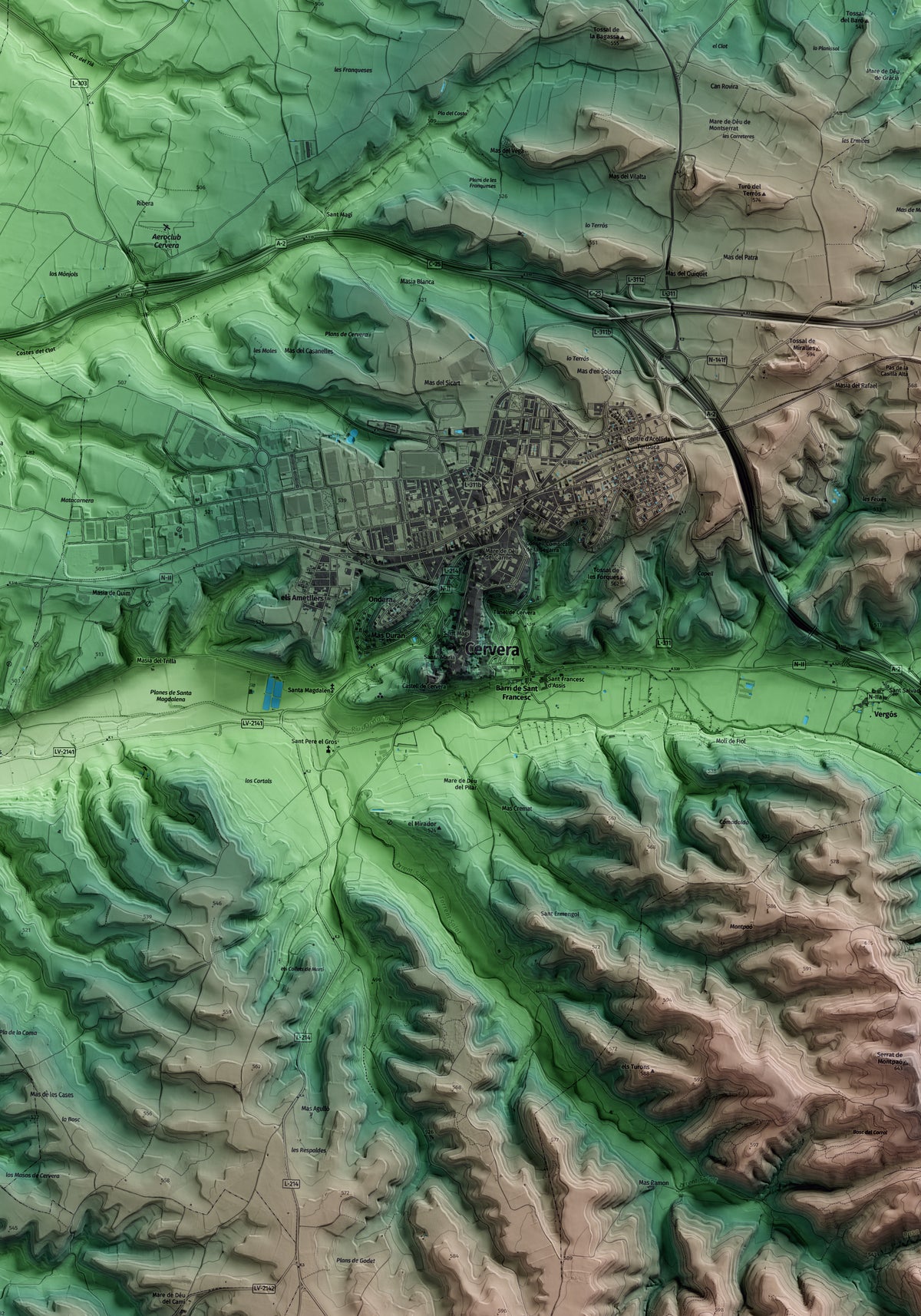 Mapa artístico del relieve de Cervera, a la Segarra, con 15 km de entorno y base topográfica ICGC. Detalle de la zona central.