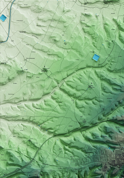 Mapa artístico del relieve de Cervera, a la Segarra, con 15 km de entorno y base topográfica ICGC. Detalle de la zona superior izquierda.
