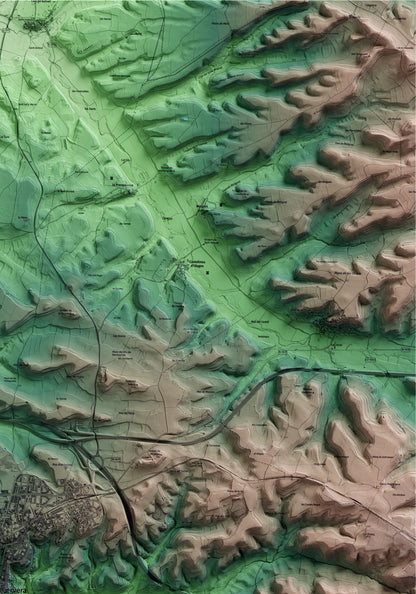 Mapa artístico del relieve de Cervera, a la Segarra, con 15 km de entorno y base topográfica ICGC. Detalle de la zona superior derecha.
