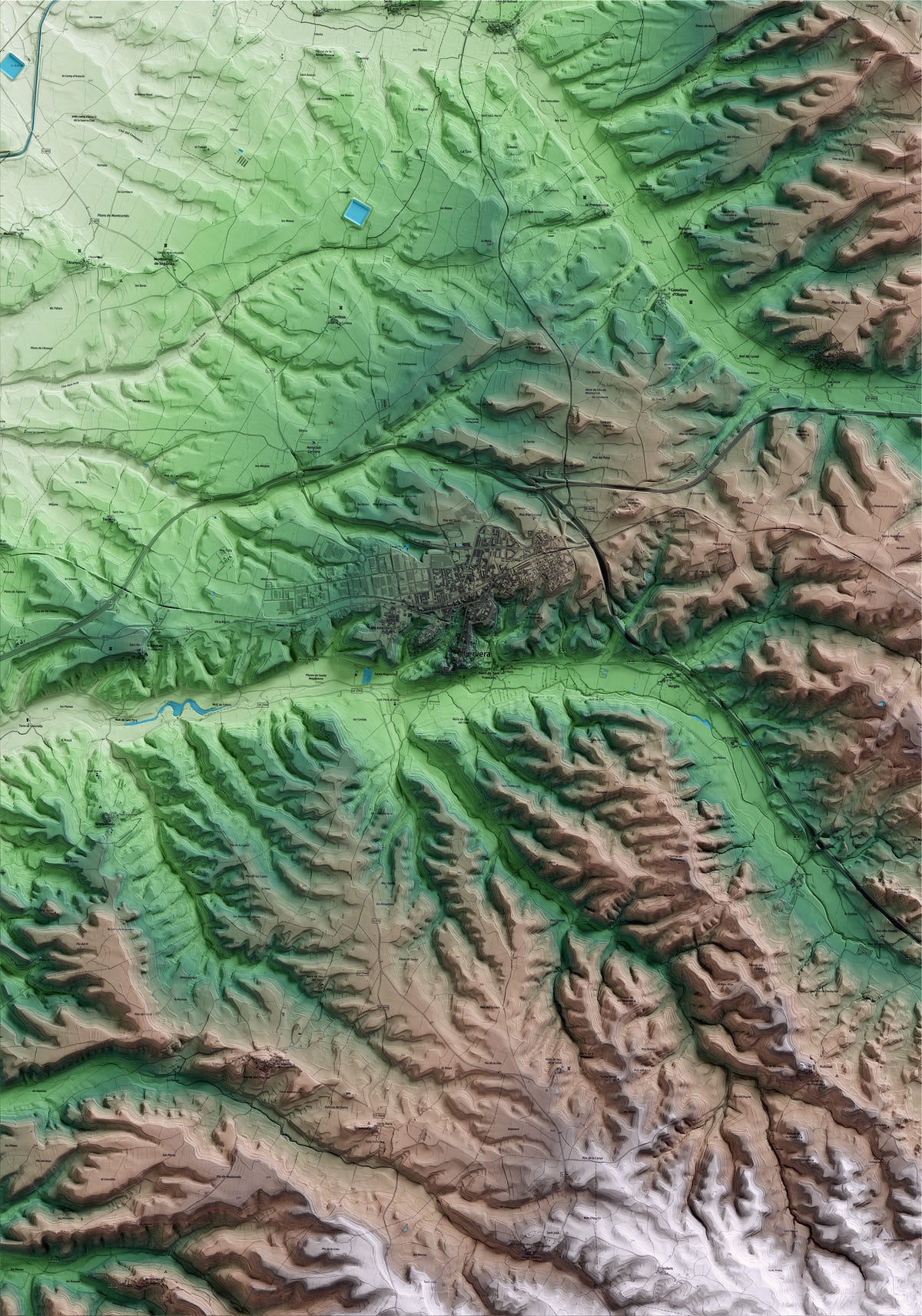 Mapa artístico del relieve de Cervera, a la Segarra, con 15 km de entorno y base topográfica ICGC