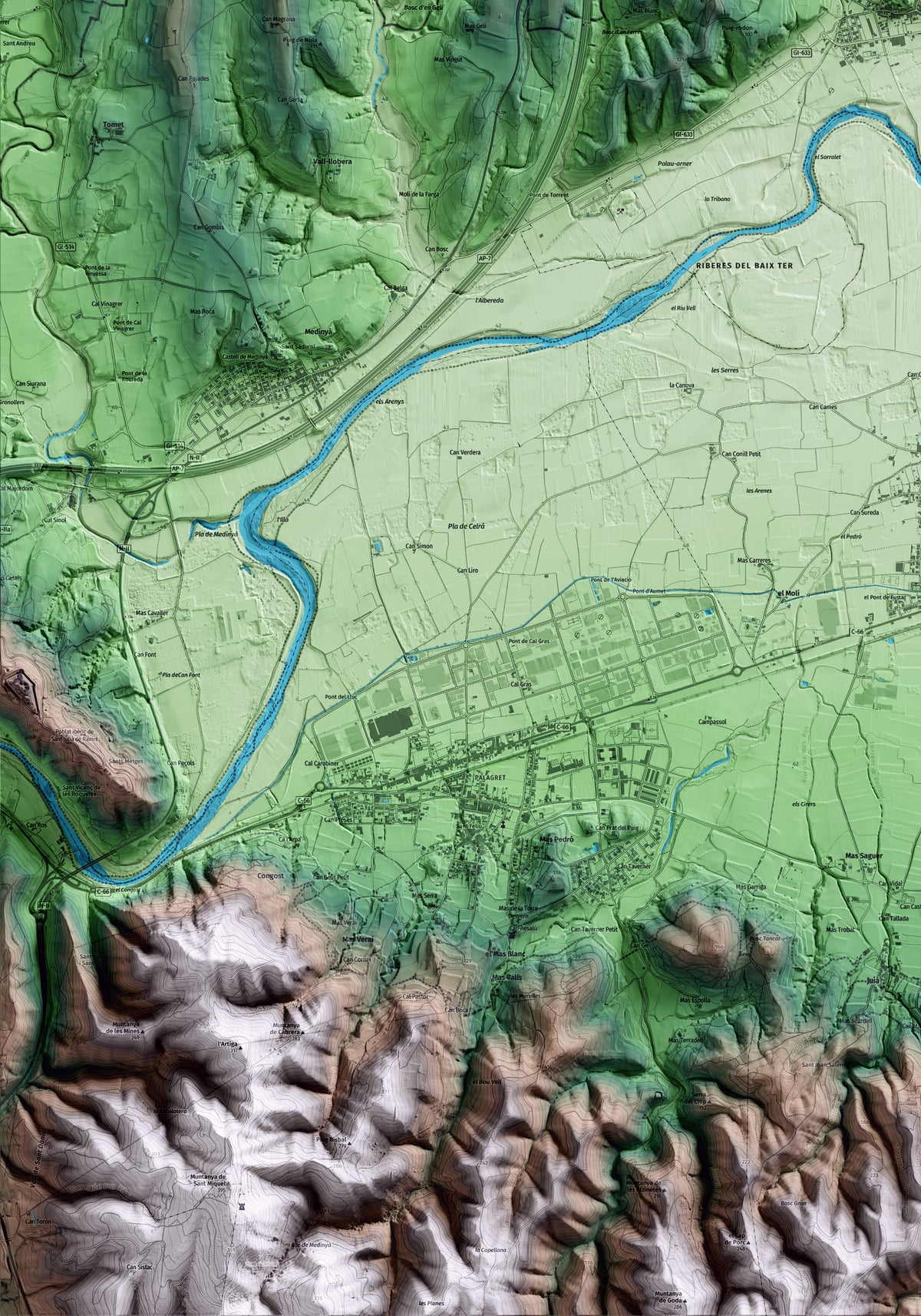 Mapa artístico del relieve de Cervià de Ter, al Gironès, con 15 km de entorno y base topográfica ICGC. Detalle de la zona inferior izquierda.