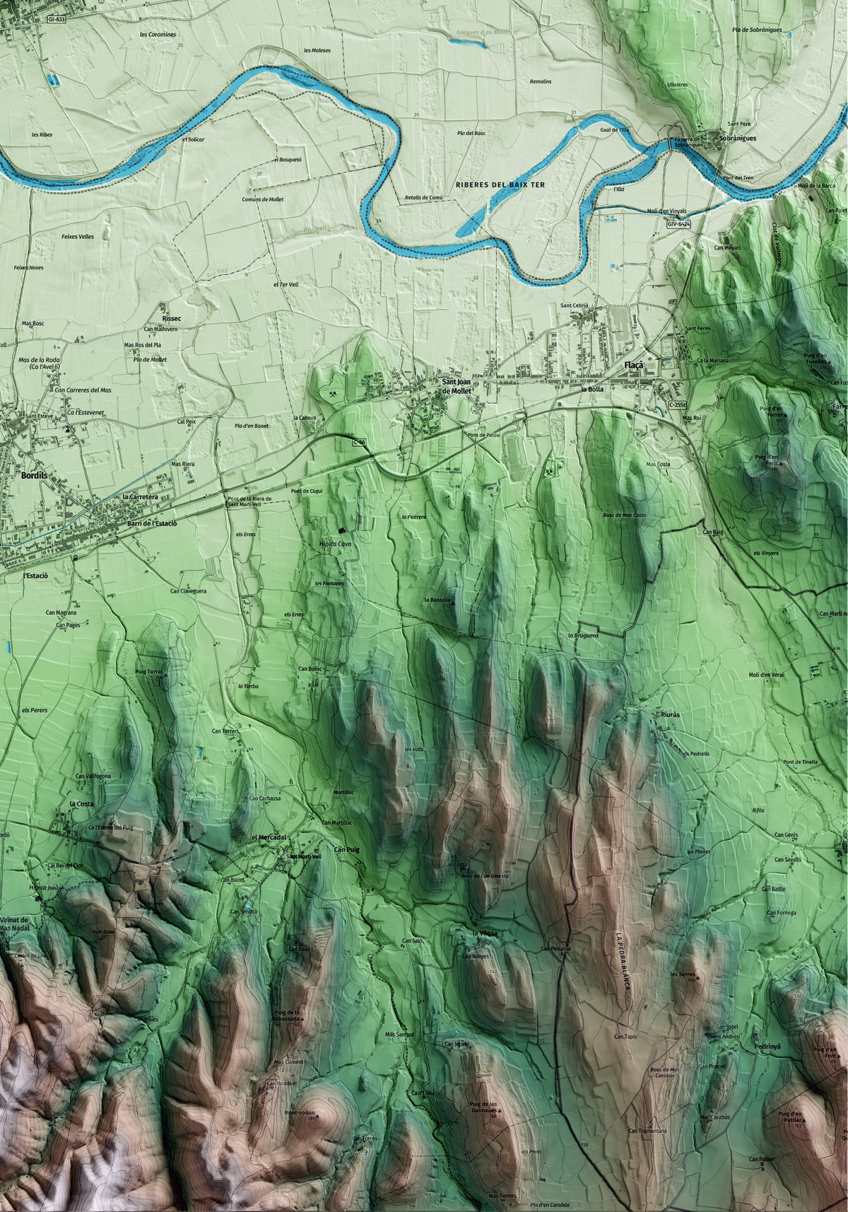 Mapa artístico del relieve de Cervià de Ter, al Gironès, con 15 km de entorno y base topográfica ICGC. Detalle de la zona inferior derecha.