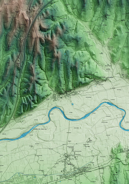 Mapa artístico del relieve de Cervià de Ter, al Gironès, con 15 km de entorno y base topográfica ICGC. Detalle de la zona central.