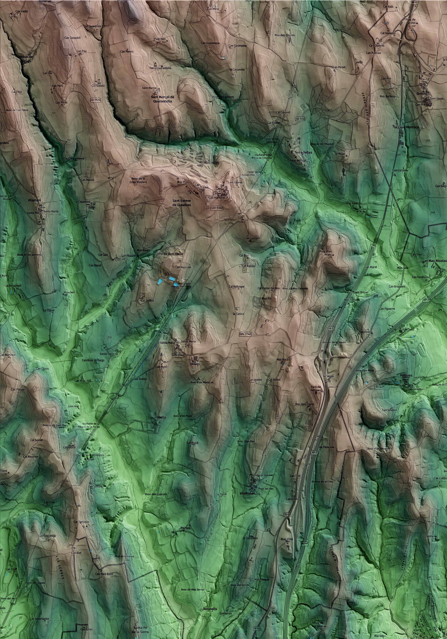 Mapa artístico del relieve de Cervià de Ter, al Gironès, con 15 km de entorno y base topográfica ICGC. Detalle de la zona superior izquierda.