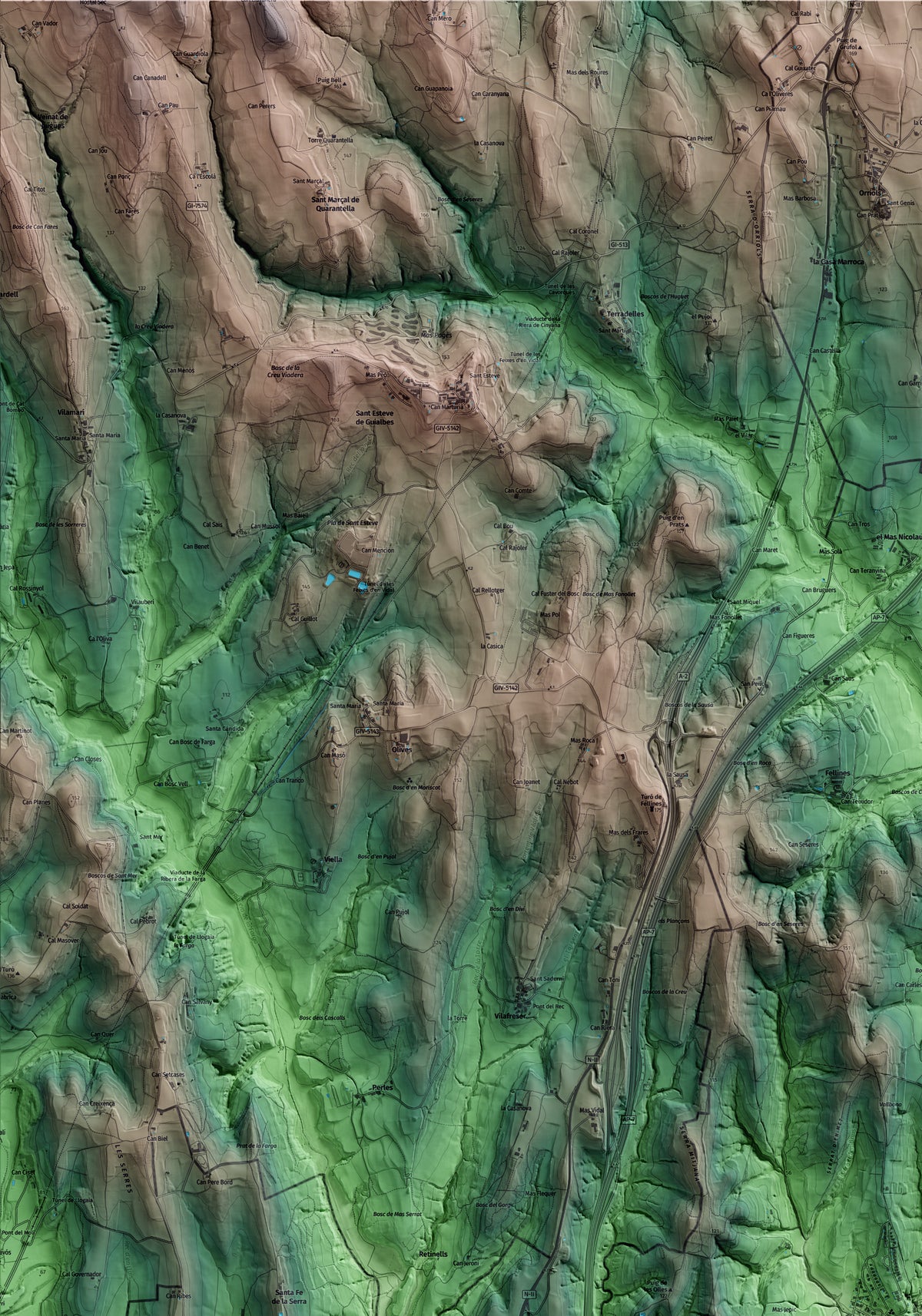 Mapa artístico del relieve de Cervià de Ter, al Gironès, con 15 km de entorno y base topográfica ICGC. Detalle de la zona superior izquierda.