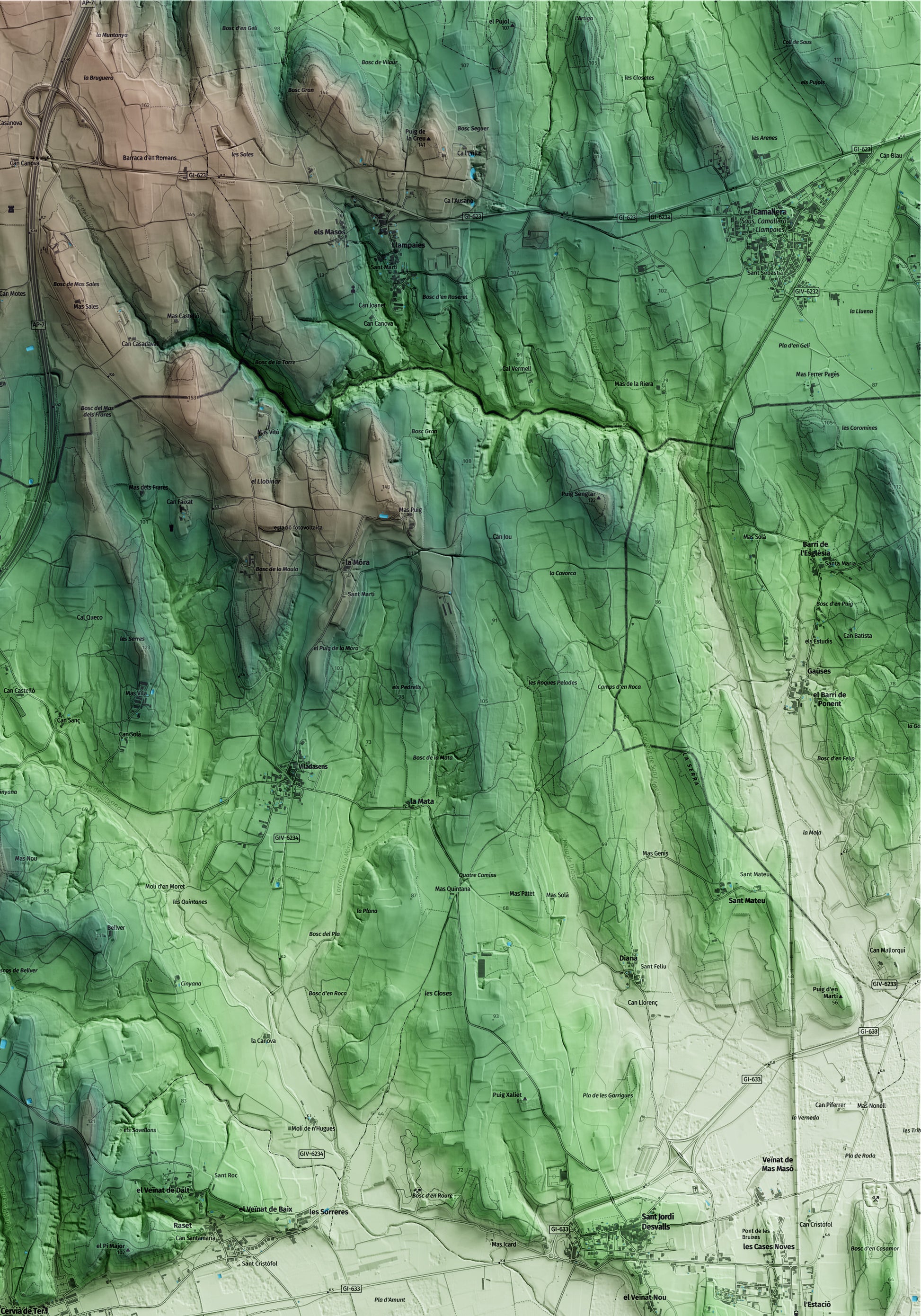 Mapa artístico del relieve de Cervià de Ter, al Gironès, con 15 km de entorno y base topográfica ICGC. Detalle de la zona superior derecha.