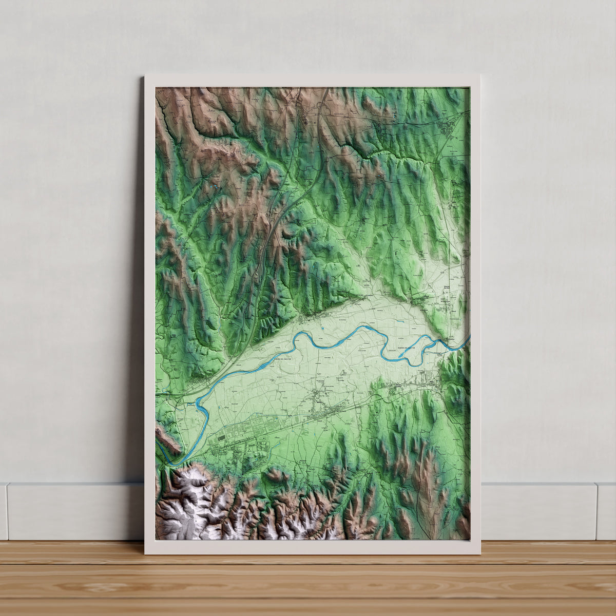 Mapa artístico del relieve de Cervià de Ter, al Gironès, con 15 km de entorno y base topográfica ICGC. Presentación enmarcada.