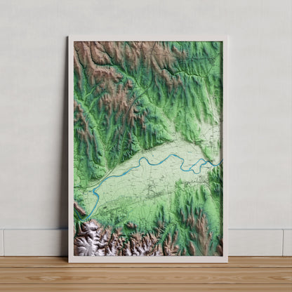 Mapa artístico del relieve de Cervià de Ter, al Gironès, con 15 km de entorno y base topográfica ICGC. Presentación enmarcada.