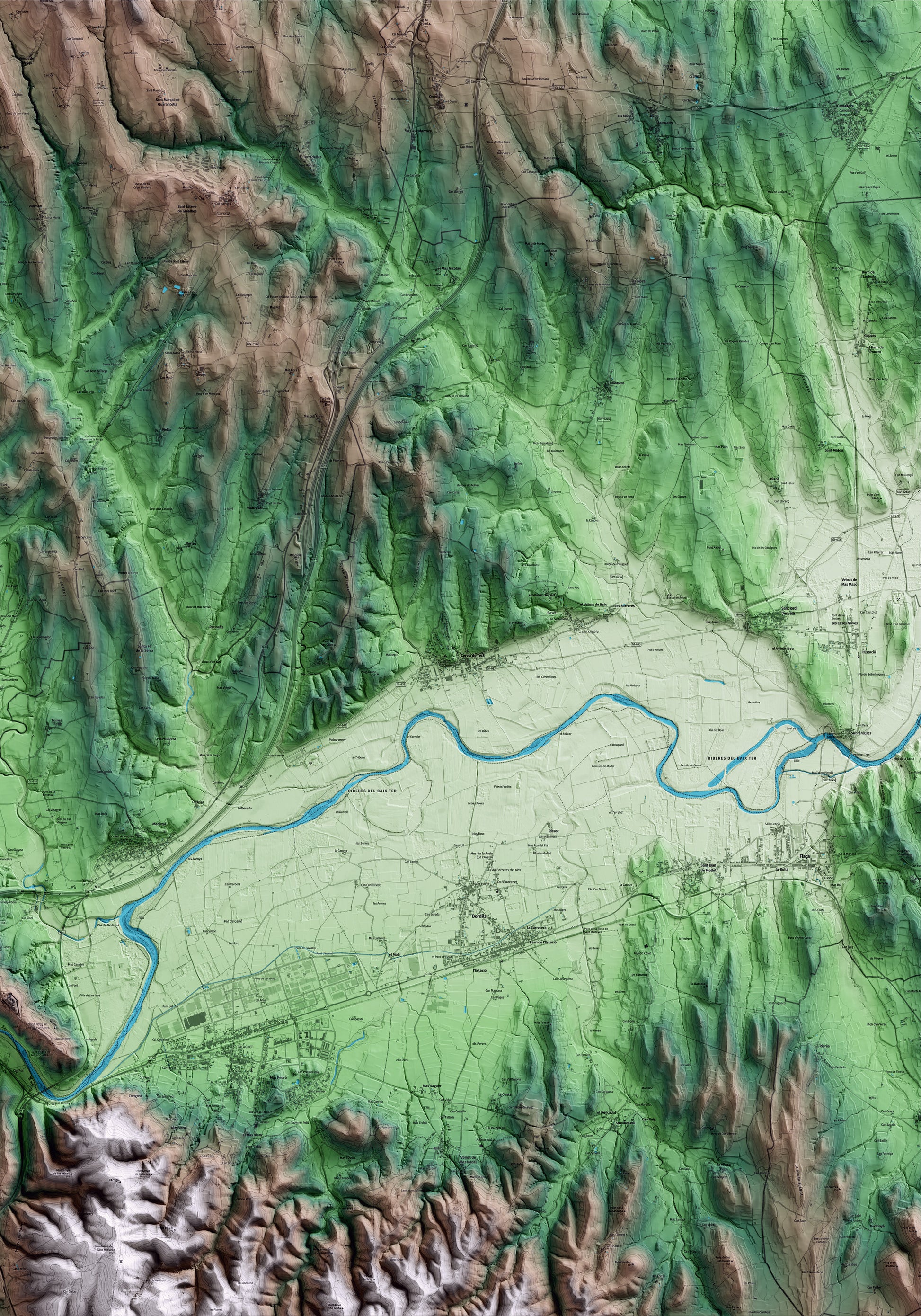 Mapa artístico del relieve de Cervià de Ter, al Gironès, con 15 km de entorno y base topográfica ICGC