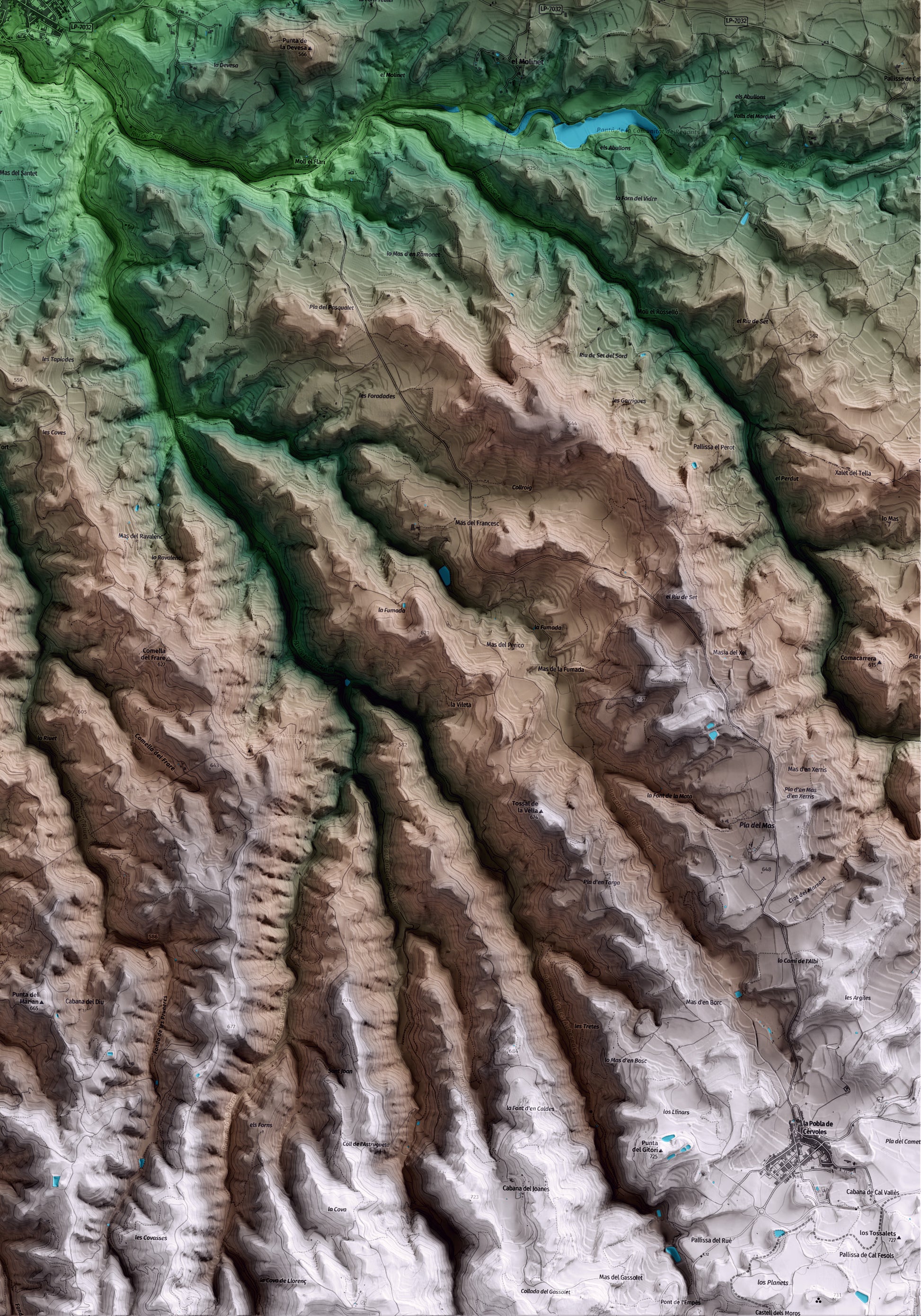 Mapa artístico del relieve de Cervià de les Garrigues, a las Garrigues, con 15 km de entorno y base topográfica ICGC. Detalle de la zona inferior derecha.
