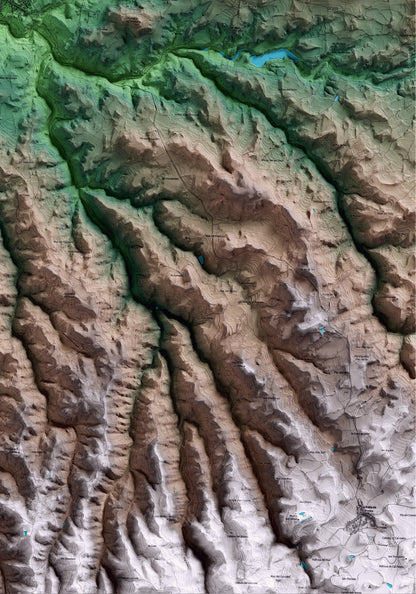 Mapa artístico del relieve de Cervià de les Garrigues, a las Garrigues, con 15 km de entorno y base topográfica ICGC. Detalle de la zona inferior derecha.